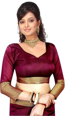 Maroon plain cotton silk saree with blouse 4
