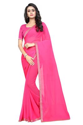 Pink plain georgette saree with blouse 2