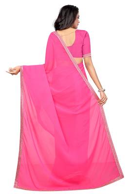 Pink plain georgette saree with blouse 4
