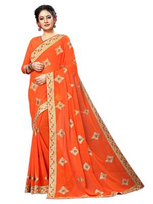 Orange plain georgette saree with blouse 1