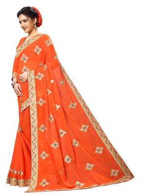 Orange plain georgette saree with blouse 2