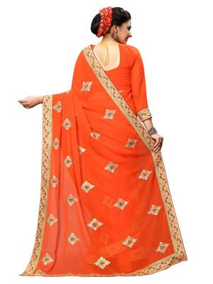 Orange plain georgette saree with blouse 3
