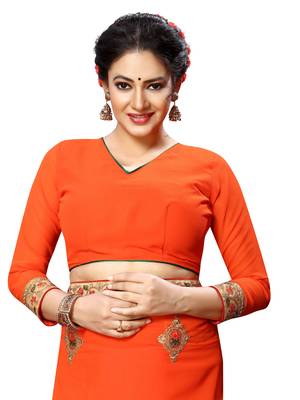 Orange plain georgette saree with blouse 5