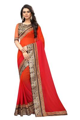 Pink plain georgette saree with blouse 1