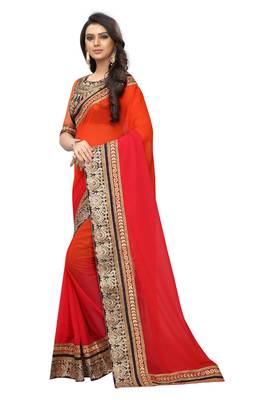 Pink plain georgette saree with blouse 2