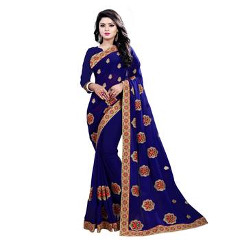 Navy blue plain georgette saree with blouse 1