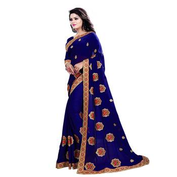 Navy blue plain georgette saree with blouse 2
