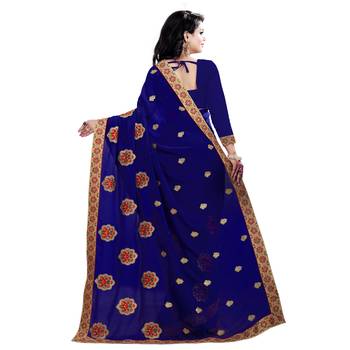 Navy blue plain georgette saree with blouse 3