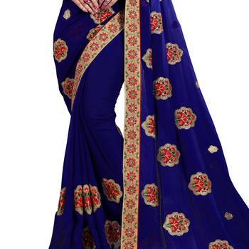 Navy blue plain georgette saree with blouse 4