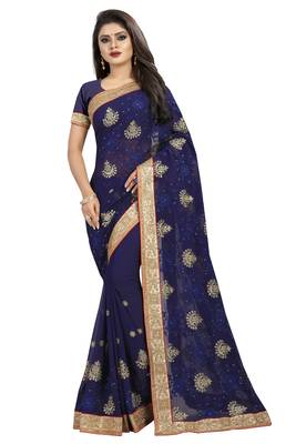 Navy blue plain georgette saree with blouse 1