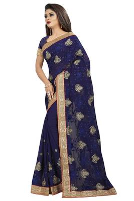 Navy blue plain georgette saree with blouse 2