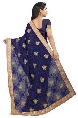 Navy blue plain georgette saree with blouse 3