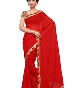 Red plain georgette saree with blouse