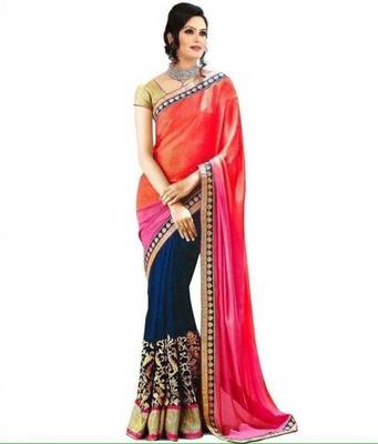 Pink plain georgette saree with blouse 1