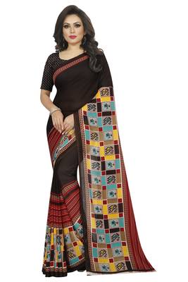 Brown plain georgette saree with blouse 1