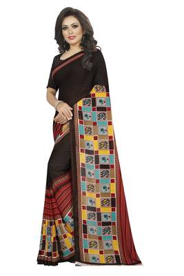 Brown plain georgette saree with blouse 2