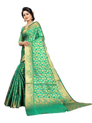 Green embroidered jacquard saree with blouse 2
