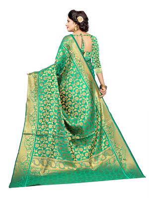 Green embroidered jacquard saree with blouse 4