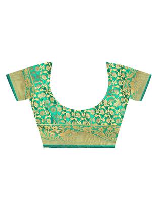 Green embroidered jacquard saree with blouse 5