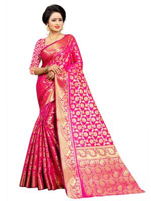 Pink embroidered jacquard saree with blouse 1