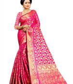 Pink embroidered jacquard saree with blouse