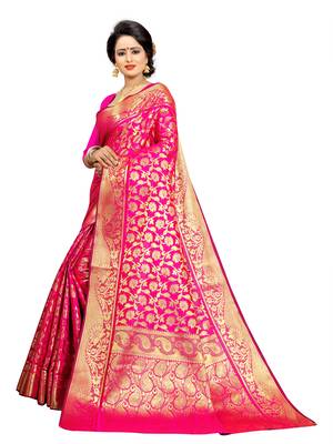 Pink embroidered jacquard saree with blouse 2
