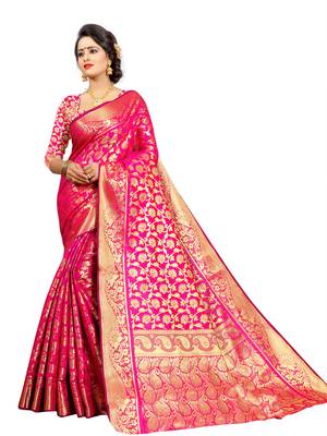 Pink embroidered jacquard saree with blouse 3