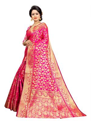 Pink embroidered jacquard saree with blouse 4