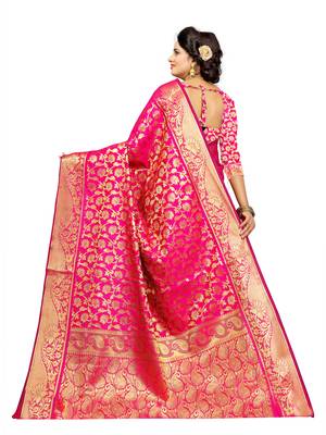 Pink embroidered jacquard saree with blouse 5