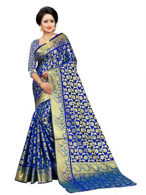 Royal blue embroidered jacquard saree with blouse 1