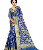 Royal blue embroidered jacquard saree with blouse