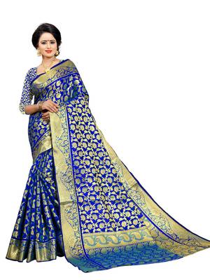 Royal blue embroidered jacquard saree with blouse 2
