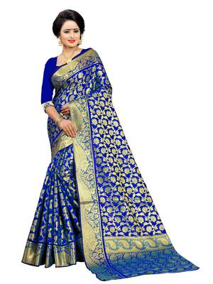 Royal blue embroidered jacquard saree with blouse 3