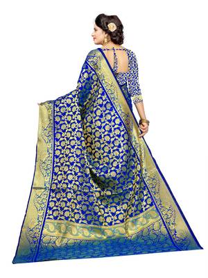 Royal blue embroidered jacquard saree with blouse 5