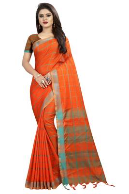 Orange plain linen saree with blouse 1