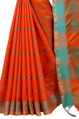 Orange plain linen saree with blouse 5