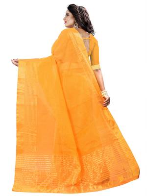 Dark yellow plain net saree with blouse 8