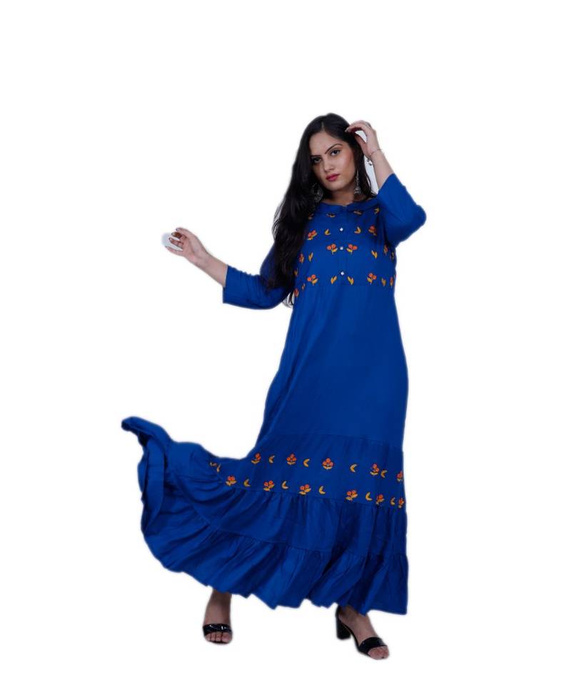 Women's Floral Blue A line Frill rayon Embroidered Kurta