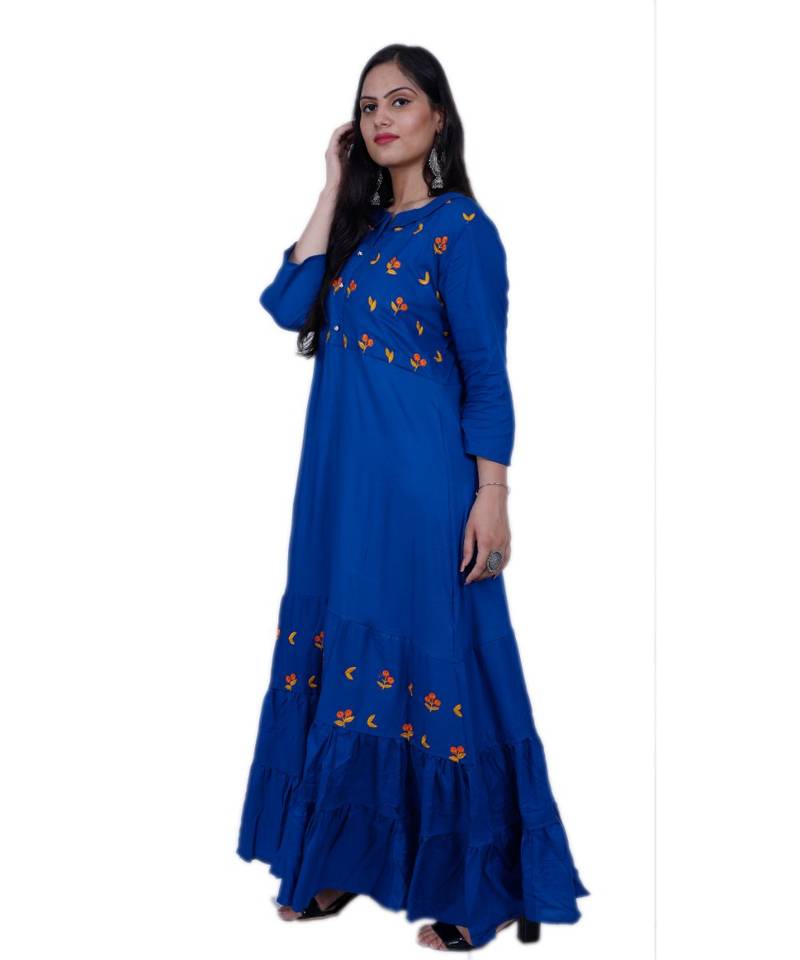 Women's Floral Blue A line Frill rayon Embroidered Kurta