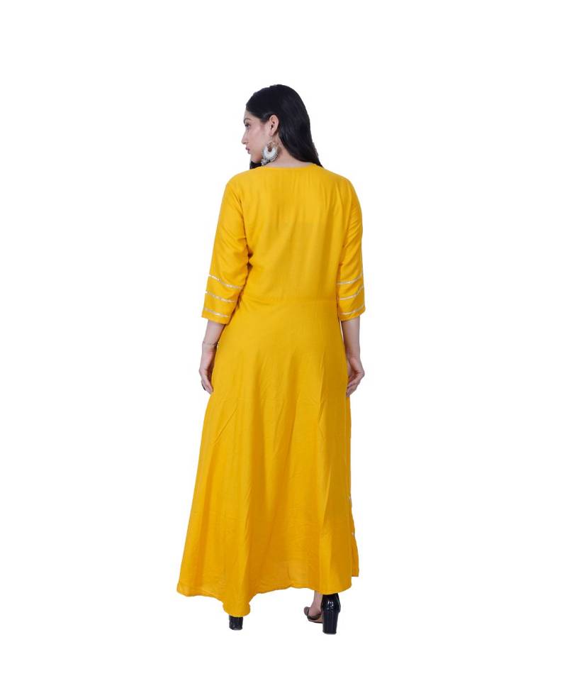 Women's Yellow A line rayon mirror embroidered Kurta with Zari & Gota work