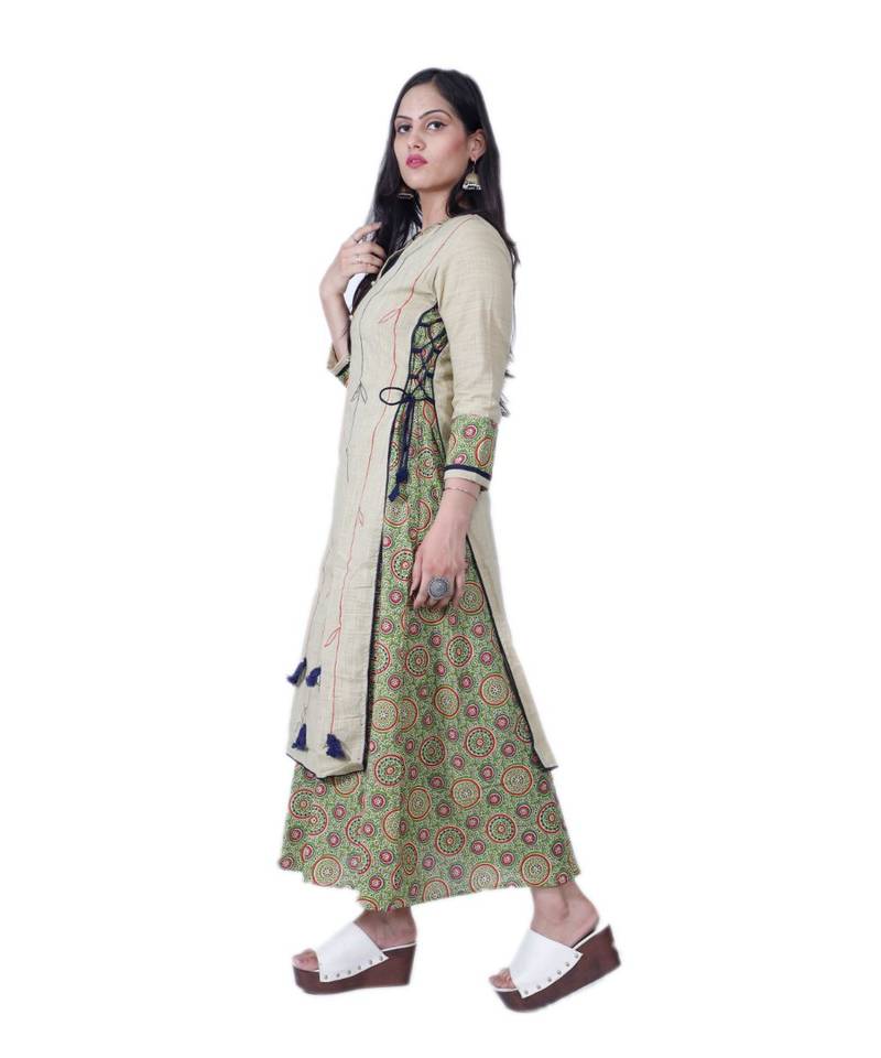 Women's Designer A line Double Layered Cotton kurta with Creative Handwork & Funda