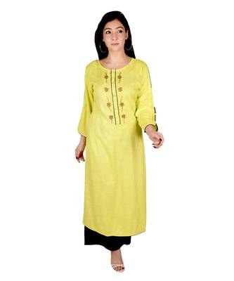 Women's Designer Lemon Green rayon Straight Kurti with Attractive Hand Woven Work 1