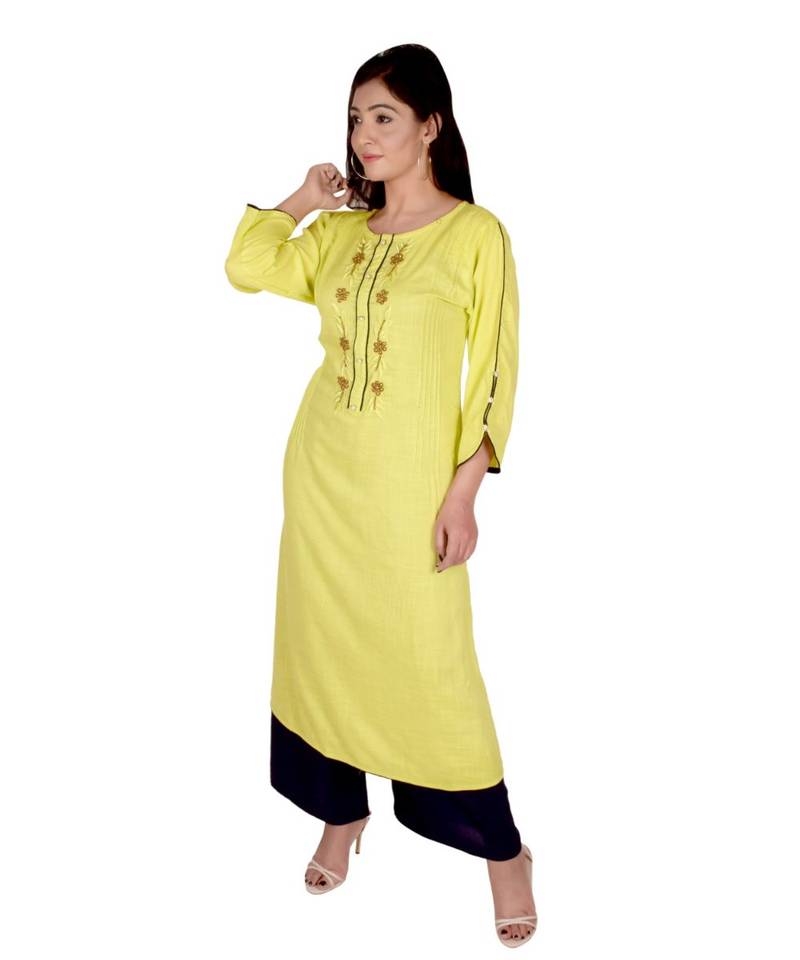 Women's Designer Lemon Green rayon Straight Kurti with Attractive Hand Woven Work