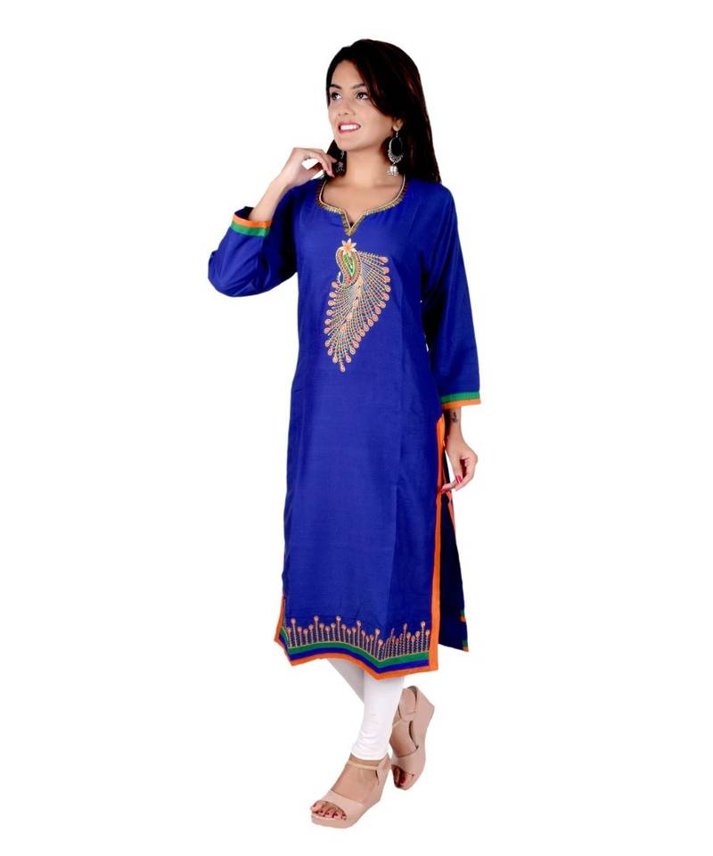 Royal Blue rayon Embroidered Straight Kurti for women