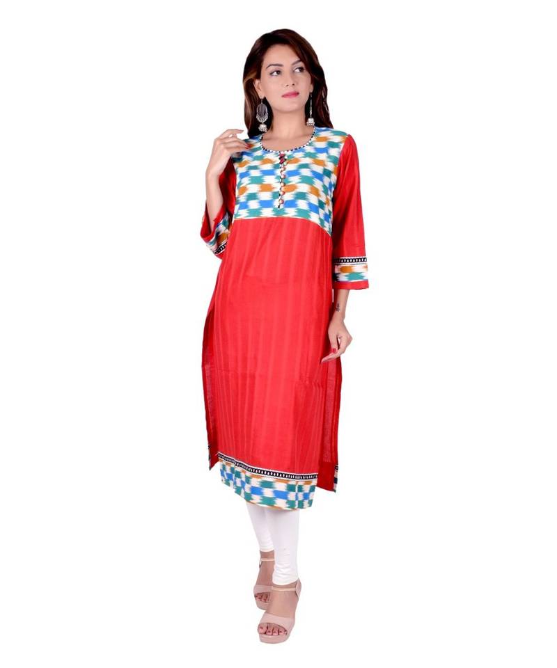 Red Embroidered Straight Kurti for women