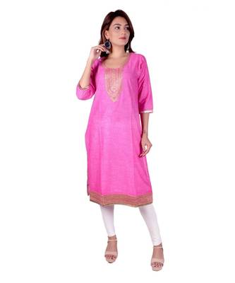 Pink Denim Print rayon Straight Kurti for women with Pitton Work 1