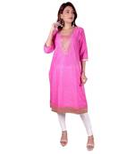 Pink Denim Print rayon Straight Kurti for women with Pitton Work