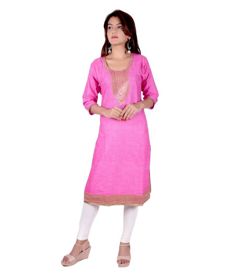 Pink Denim Print rayon Straight Kurti for women with Pitton Work