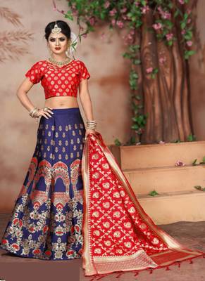 Blue woven art silk unstitched lehenga 1
