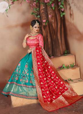 Turquoise woven art silk unstitched lehenga 1